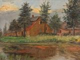 tableau représentant une maison et un étang dans un champ bordé d'arbres