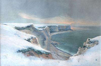 tableau représentant des falaises enneigées surplombant l'océan et d'autres falaises au loin