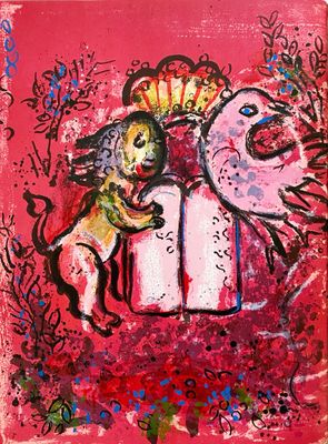 une image représentant une peinture d'un cheval et d'un oiseau sur fond rose