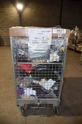 a cart with a lot of items in it in a warehouse
