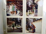 four pictures of a woman in a green dress in a bathroom