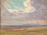 an oil painting of a field with a cloudy sky in the background