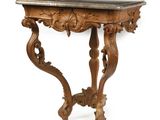an old wooden table with a marble top on a white background