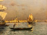a painting of a man in a boat on the water