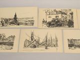 six postcards of a drawing of a city with a church in the background