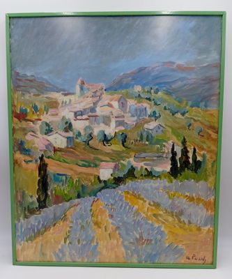 une peinture à l'huile représentant un paysage avec un village au loin