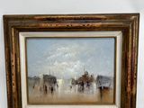 an oil painting of a cityscape in a gold frame on a white wall