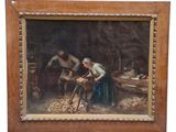 tableau représentant une femme travaillant dans un atelier, avec un cheval en arrière-plan