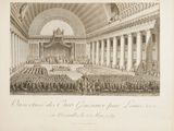 an old picture of a large room with a lot of people in it