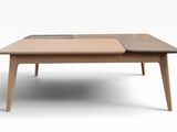 a wooden table with a brown top and a black top