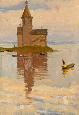 tableau représentant une église sur une petite île, avec un bateau dans l'eau