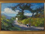 an oil painting of two people walking down a dirt road