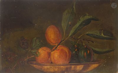 peinture représentant des oranges dans un bol, accompagnées de feuilles et de baies, posées sur une table