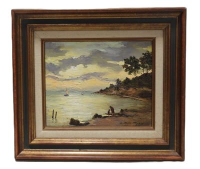 a painting of a man standing on a beach next to a body of water