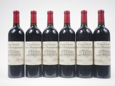 six bouteilles de vin rouge alignées sur une surface blanche