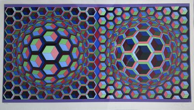 painting of two squares with a pattern of hexagons on them