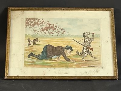 painting of a man laying on the ground in front of a dog with a rifle