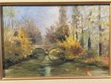 a painting of a bridge over a river with trees in the background