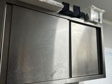 a stainless steel cabinet above a sink in a kitchen