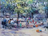 tableau représentant des personnes assises sur des bancs dans un parc, en compagnie d'un chien