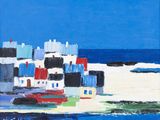 an image of a painting of a city by the ocean