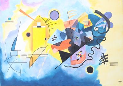 painting of a painting of a cat and a bird on a blue and yellow background