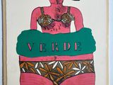an image of a painting of a woman in a bikini with a green sign