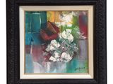an oil painting of flowers in a vase on a table