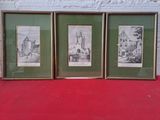 three framed pictures of a church and a church on a red surface