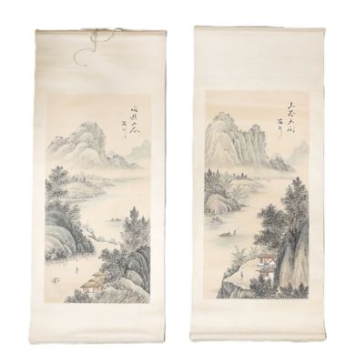 pair of chinese scroll paintings of a river and mountains