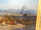 une peinture représentant un groupe de personnes sur une plage
