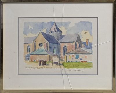 aquarelle encadrée représentant une église avec un clocher en arrière-plan