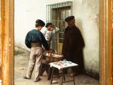 a painting of two men standing in front of a building
