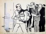 drawing of a man holding a box of books in front of a group of men