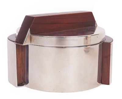 stainless steel and wood box with a wooden lid on a white background