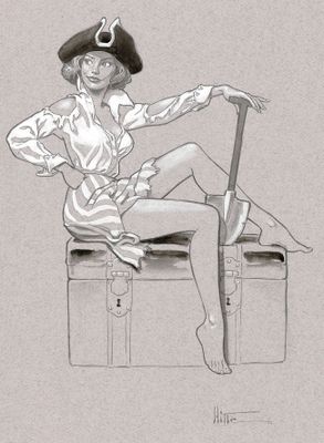 drawing of a woman sitting on top of a suitcase with a hat on