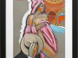 tableau représentant une femme portant un chapeau et un foulard rose