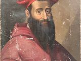 an old painting of a man with a beard and a red hat