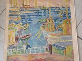painting of boats in a harbor on a tile floor