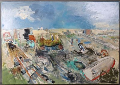 une peinture représentant une peinture d'un train sur les rails
