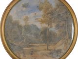 une image d'un tableau représentant un paysage avec des arbres au premier plan