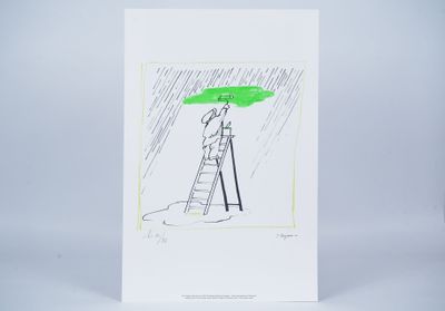 drawing of a man standing on a ladder holding an umbrella in the rain
