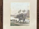 tableau représentant un homme à cheval, avec un chien au premier plan