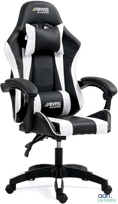 a close up of a black and white office chair on a white background