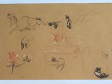un dessin représentant un groupe de chats assis sur une table