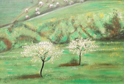 a painting of two trees in a field of grass