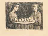 drawing of a man and a woman holding a baby in a basket