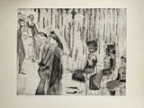drawing of a group of people sitting on a bench in front of a fence