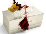 a stuffed animal sitting on top of a gift box