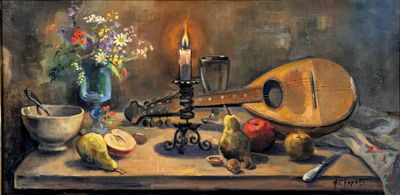 a painting of a still life with a guitar, apples, flowers, and a candle